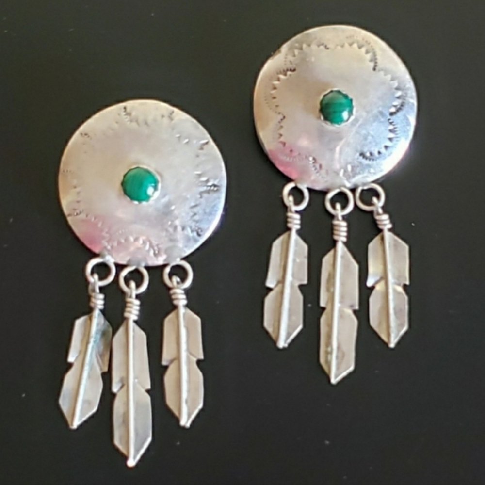 Vintage Native American Malachite Sterling Silver Earrings 2.5"